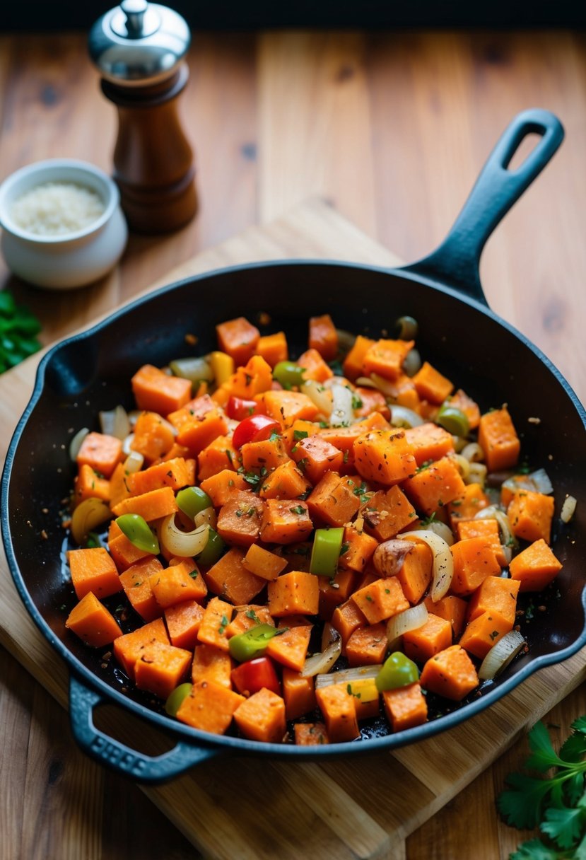 A colorful array of diced sweet potatoes, bell peppers, and onions sizzling in a skillet, sprinkled with savory herbs and spices