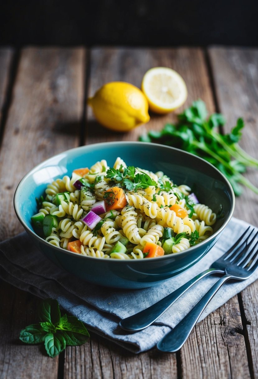 A bowl of cold pasta salad with colorful vegetables and herbs, set on a rustic wooden table with a fork and a lemon slice