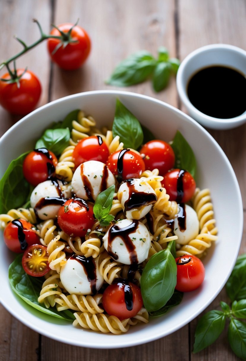 A colorful bowl of cold Caprese pasta salad, with cherry tomatoes, fresh mozzarella, and basil leaves, drizzled with balsamic glaze