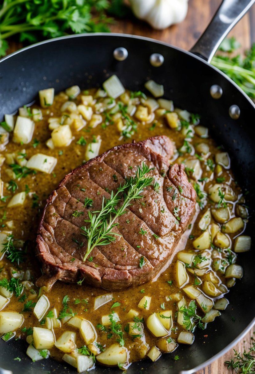 A sizzling beef liver in a hot skillet, surrounded by chopped onions, garlic, and herbs