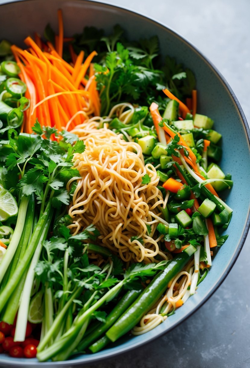 A colorful array of fresh vegetables, herbs, and cold noodles tossed in a tangy Asian dressing, served in a large bowl