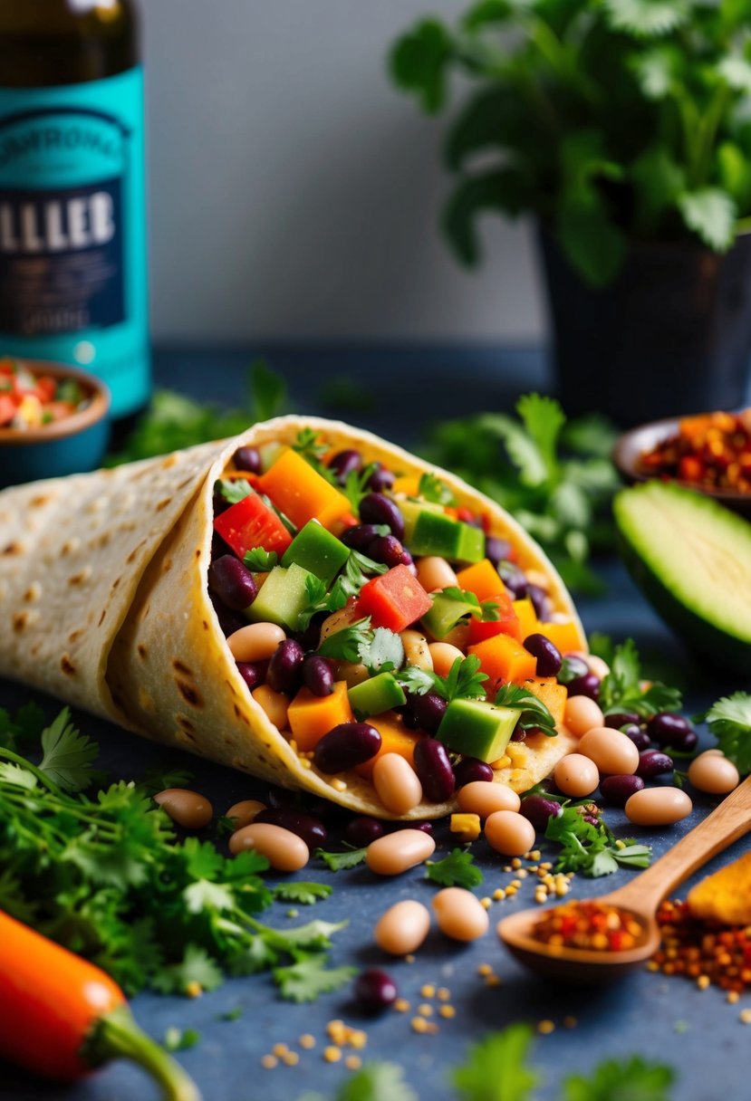 A colorful array of fresh vegetables and beans spilling out of a tortilla, surrounded by vibrant herbs and spices