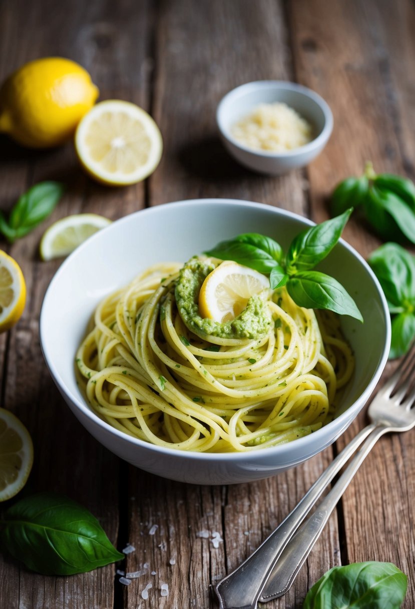 A bowl of lemon pesto pasta sits on a rustic wooden table, garnished with fresh basil leaves and lemon slices