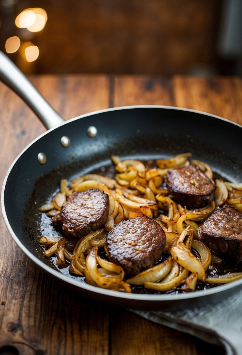 A sizzling pan with caramelized onions and seared beef liver