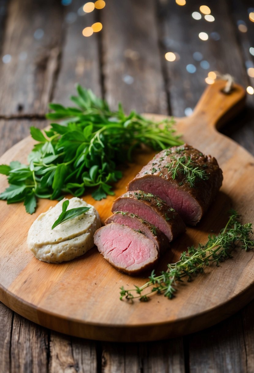 A rustic wooden cutting board with sliced beef liver, fresh herbs, and a dollop of pâté