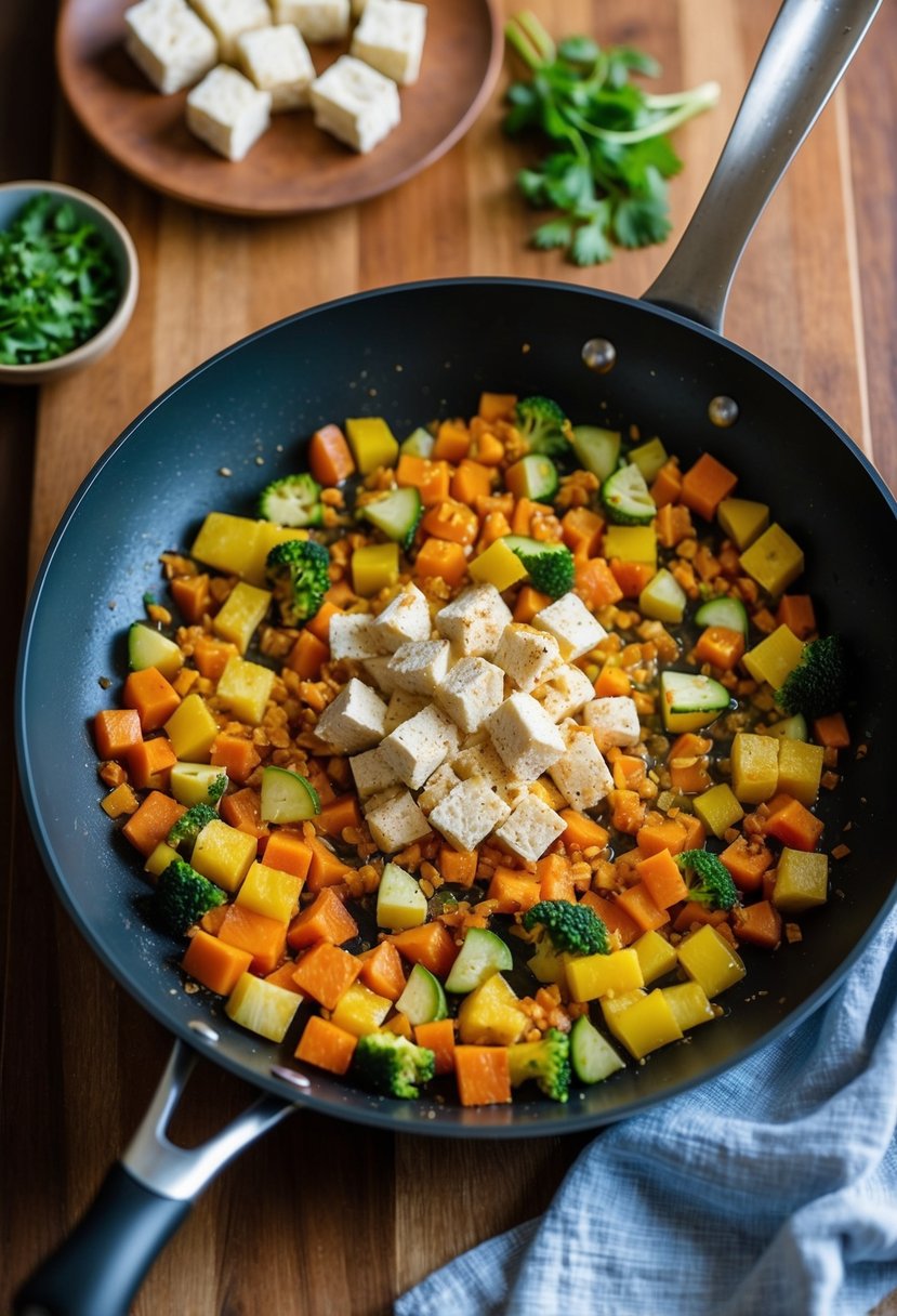 A colorful array of diced vegetables sizzling in a pan with crumbled tofu, creating a vibrant and appetizing vegetarian breakfast dish