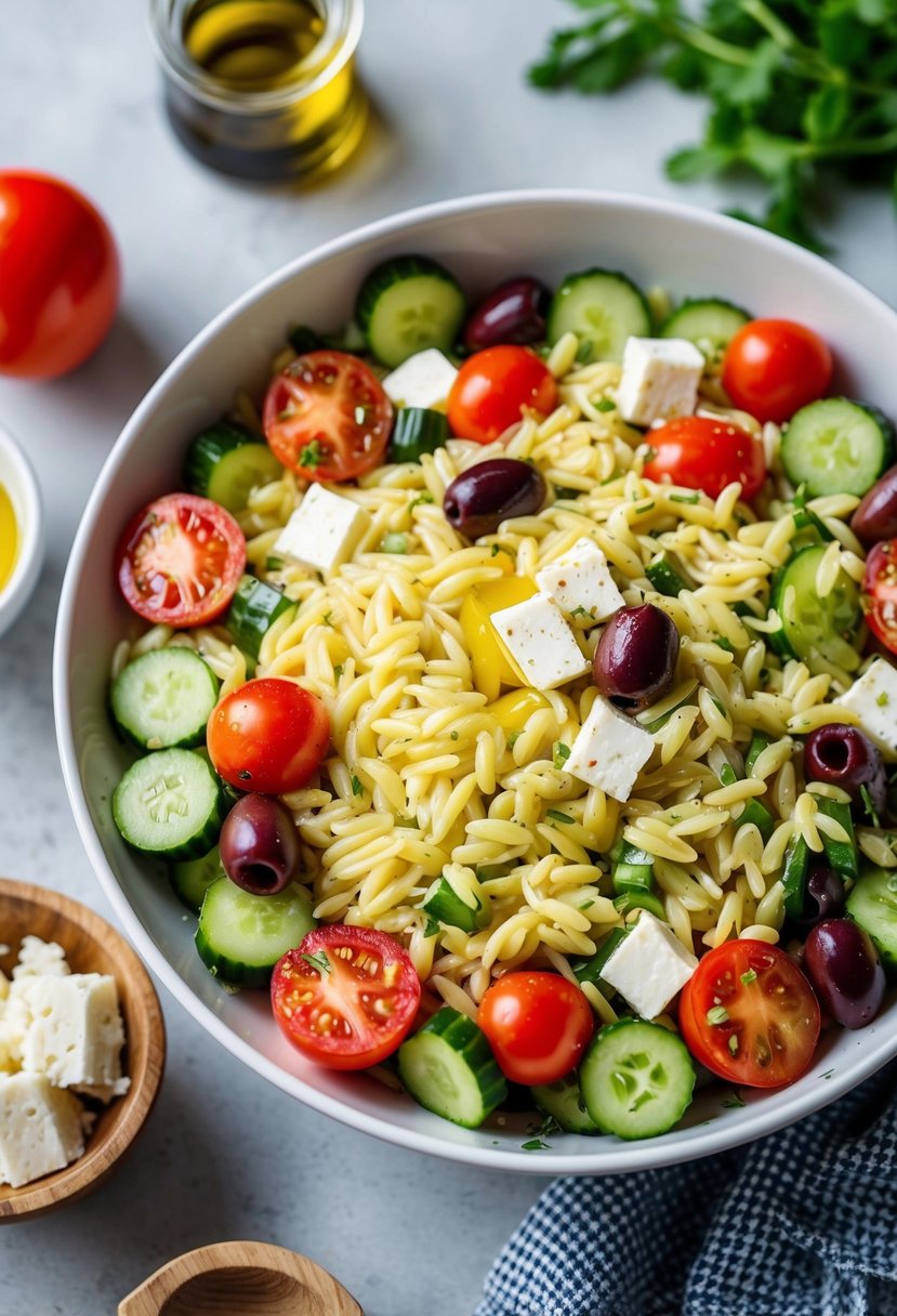 A colorful bowl of Greek Orzo Salad surrounded by fresh ingredients like tomatoes, cucumbers, olives, and feta cheese, with a drizzle of olive oil