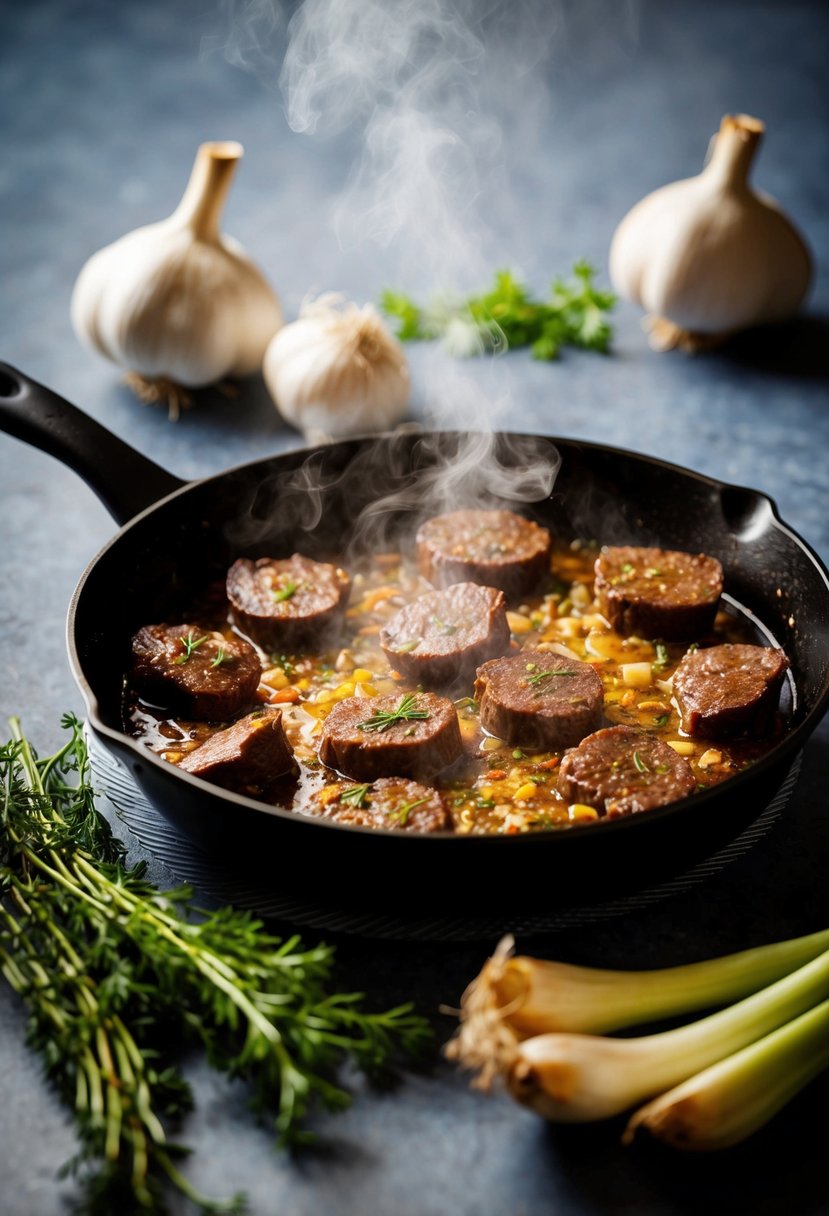 A sizzling beef liver cooks in a skillet with garlic, emitting a savory aroma. Onions and herbs sit nearby, ready to be added