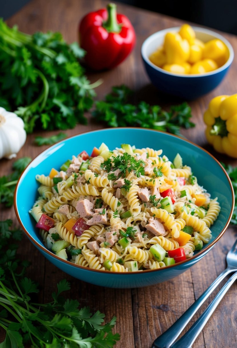 A colorful bowl of tuna pasta salad surrounded by fresh vegetables and herbs on a wooden table