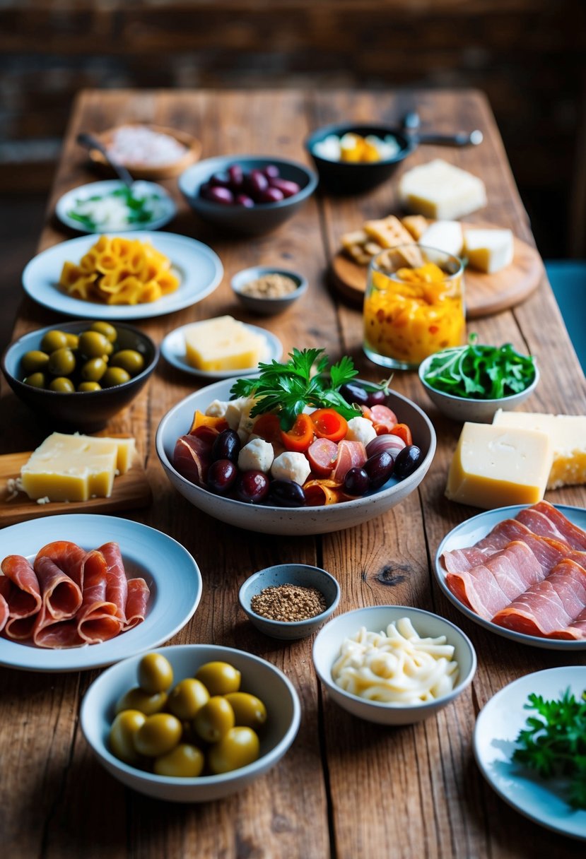 A rustic wooden table set with a variety of Italian antipasto ingredients, including olives, cured meats, cheeses, and cold pasta dishes