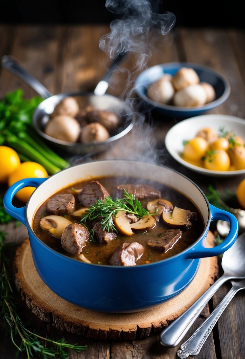 A steaming pot of beef liver and mushroom stew simmers on a rustic wooden table, surrounded by fresh ingredients and cooking utensils