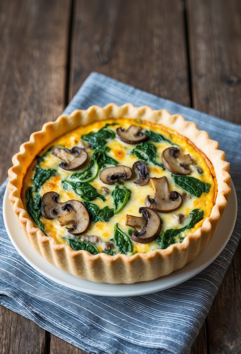 A golden-brown quiche with a flaky crust, filled with sautéed mushrooms, spinach, and creamy cheese, sits on a rustic wooden table