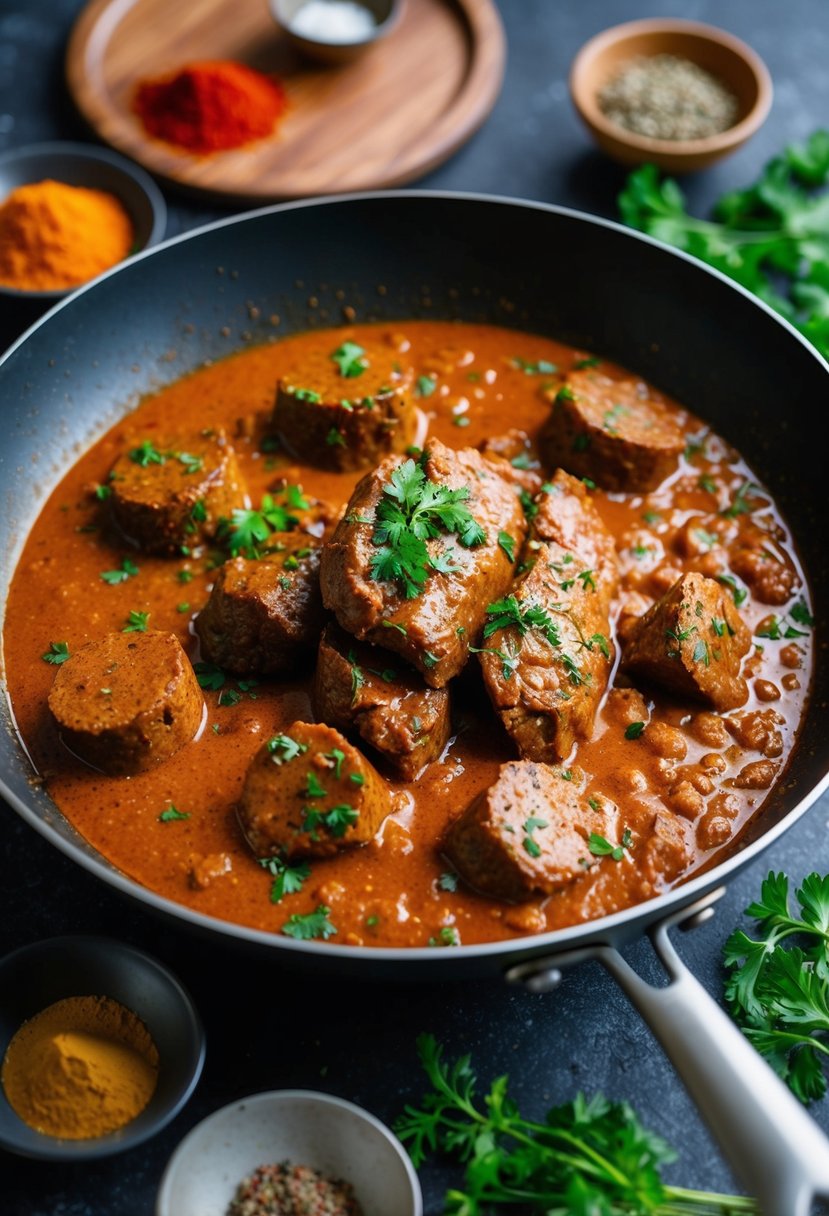 A sizzling pan of spicy beef liver curry, surrounded by vibrant spices and herbs