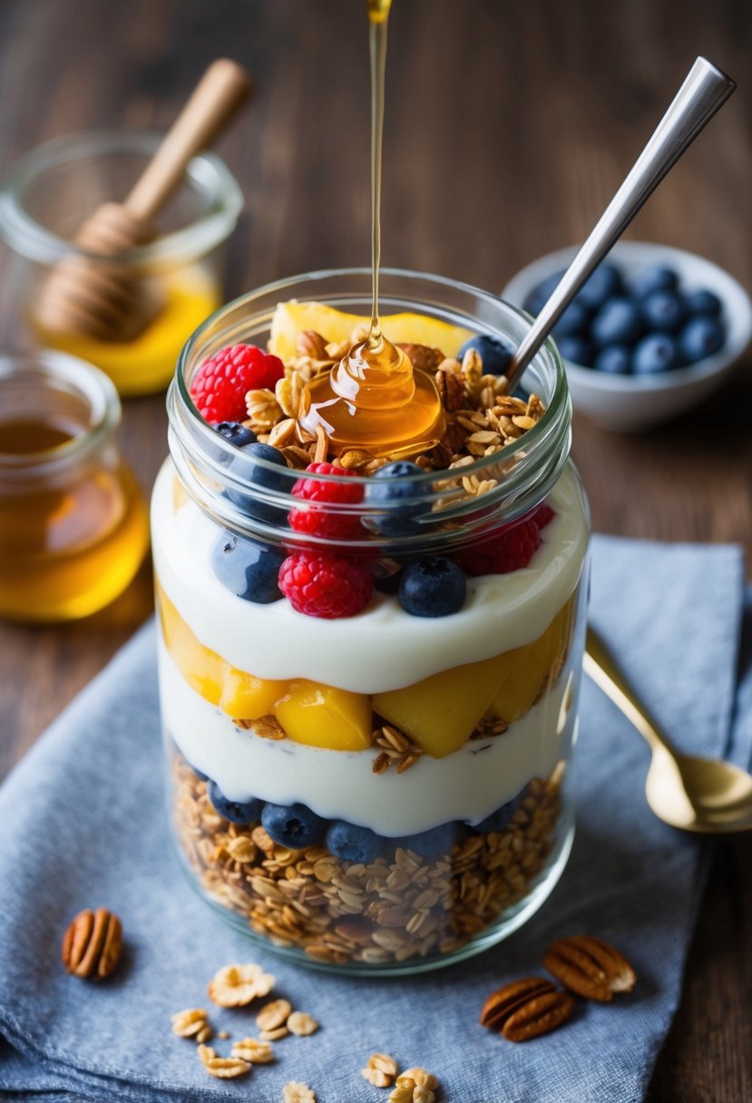 A glass jar filled with layers of granola, Greek yogurt, and fresh fruit, topped with a drizzle of honey and a sprinkle of nuts