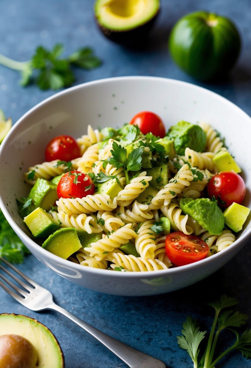 A colorful bowl of pasta salad with ripe avocado, cherry tomatoes, and fresh herbs, dressed in a tangy vinaigrette