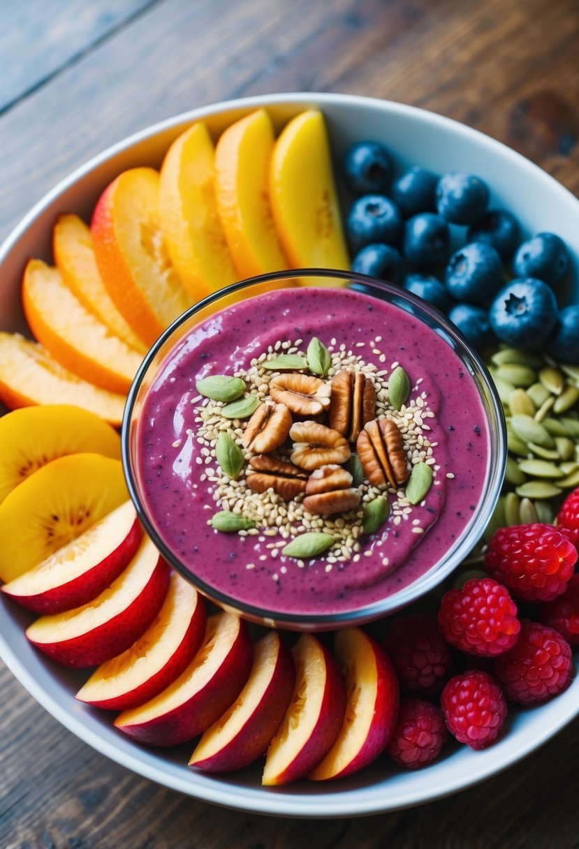 A colorful array of sliced fruits and berries arranged in a bowl of smoothie, topped with nuts and seeds, set on a wooden table