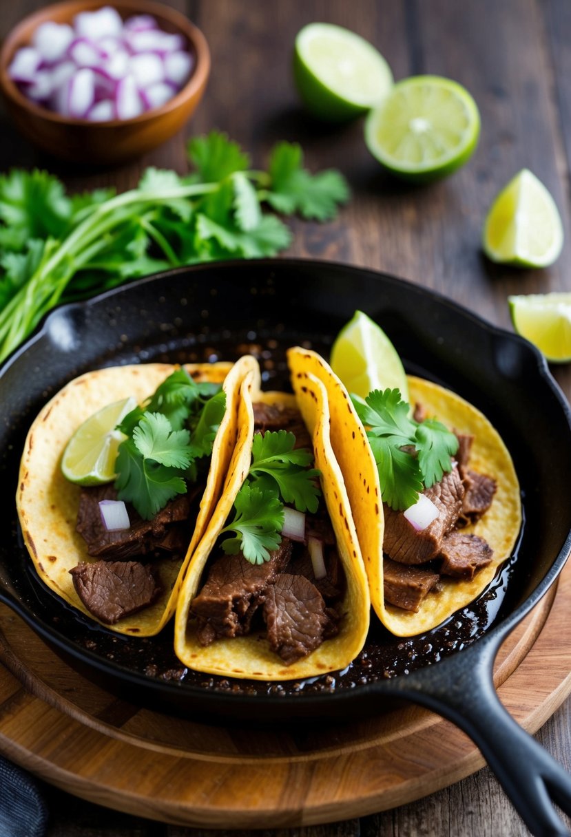 A sizzling skillet of beef liver tacos with fresh cilantro, diced onions, and a squeeze of lime on a wooden serving platter