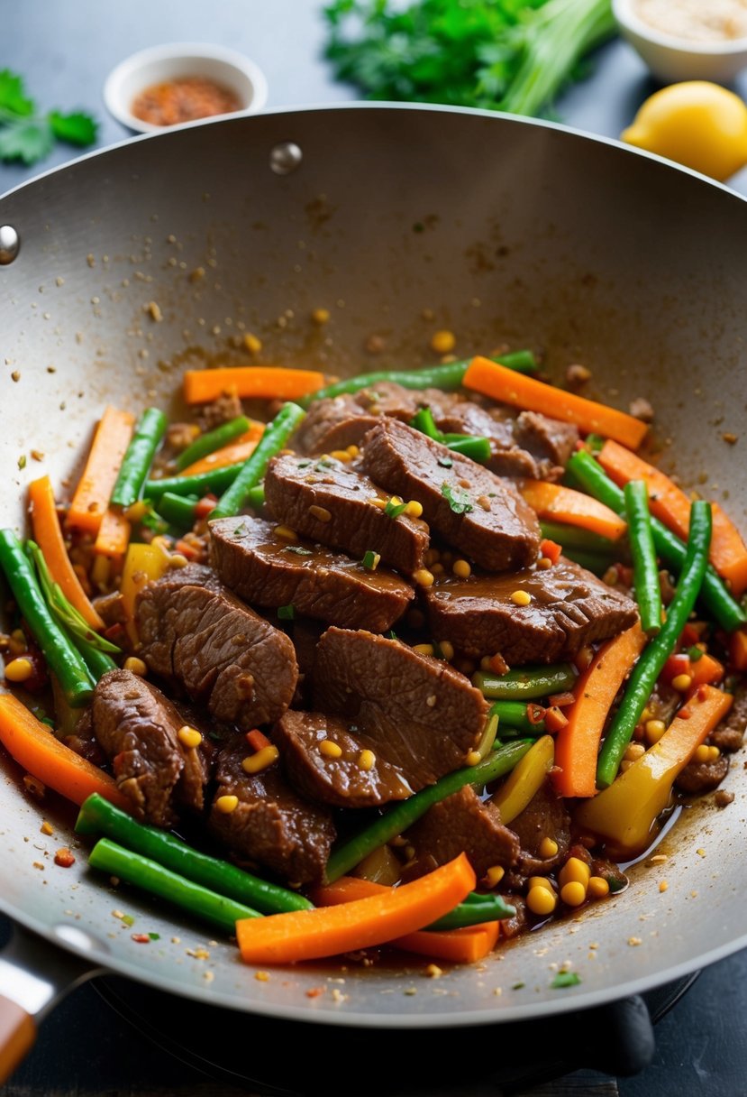 Sizzling beef liver stir-fry in a hot wok with colorful vegetables and aromatic spices