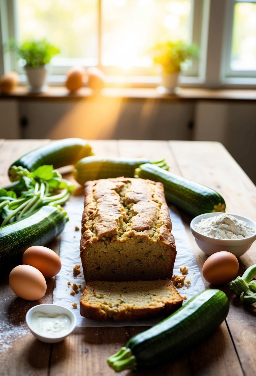 A rustic kitchen table displays a loaf of zucchini bread, surrounded by fresh zucchinis, eggs, and flour. Sunlight streams in through a window, casting a warm glow on the scene