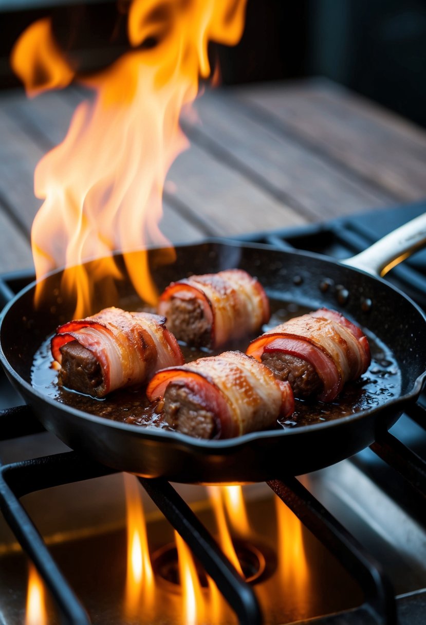 A sizzling skillet with bacon-wrapped beef liver cooking over a hot flame