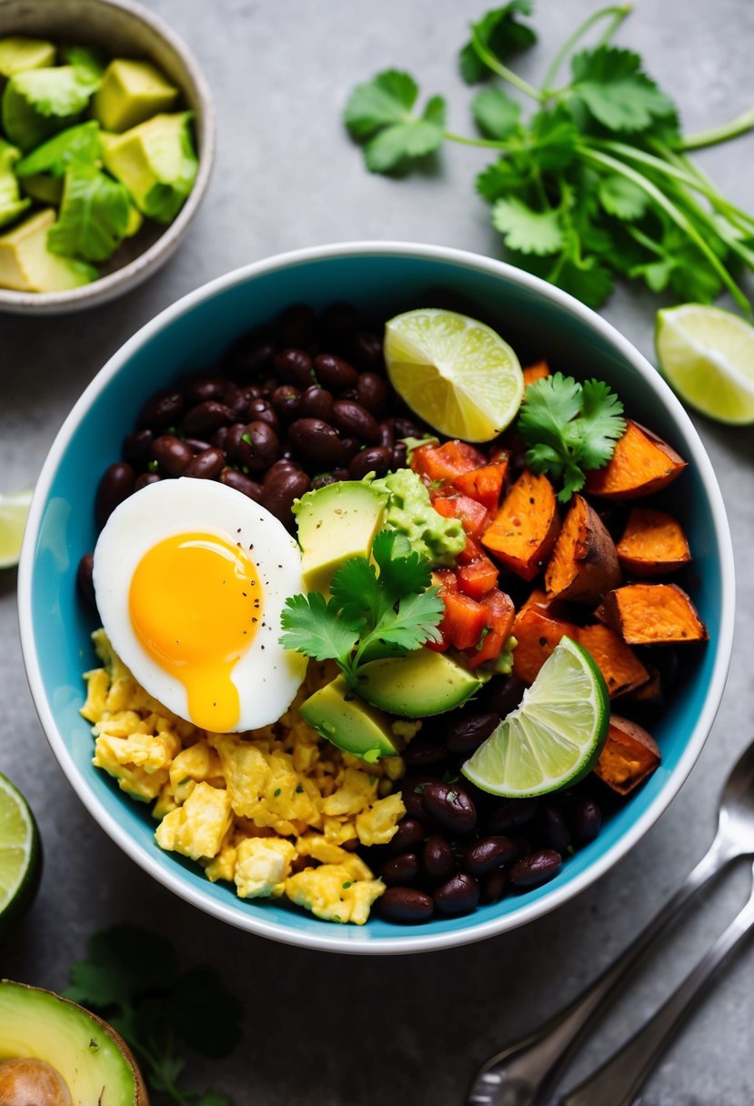 A colorful bowl filled with black beans, scrambled eggs, avocado, salsa, and roasted sweet potatoes, topped with fresh cilantro and lime wedges