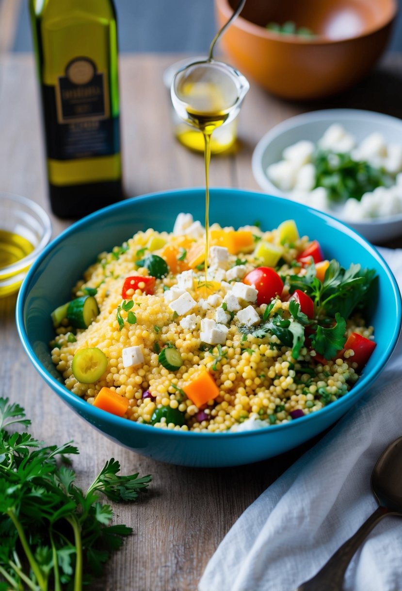 A colorful bowl of Mediterranean couscous with assorted vegetables and herbs, garnished with a drizzle of olive oil and a sprinkle of feta cheese