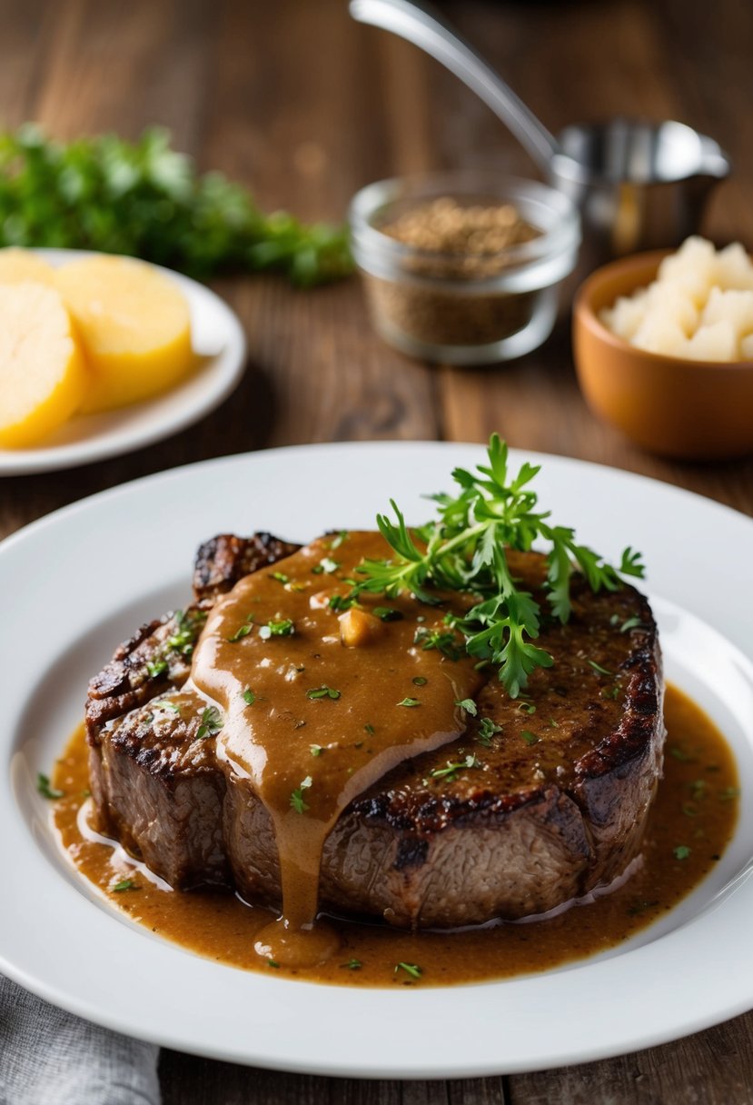 A sizzling beef liver steak covered in rich, brown gravy, garnished with fresh herbs and served on a white plate