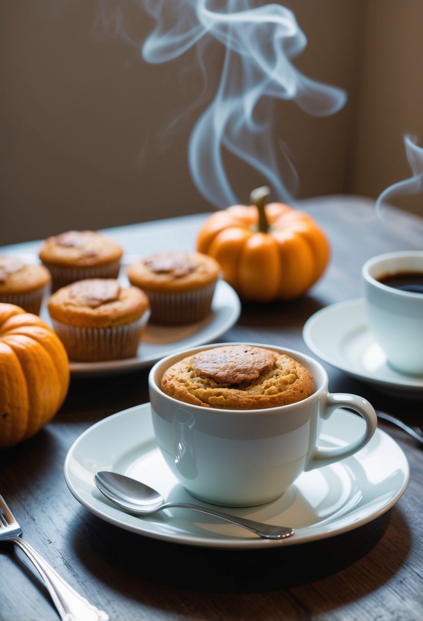 A table set with a plate of pumpkin spice muffins, fresh fruit, and a steaming cup of coffee