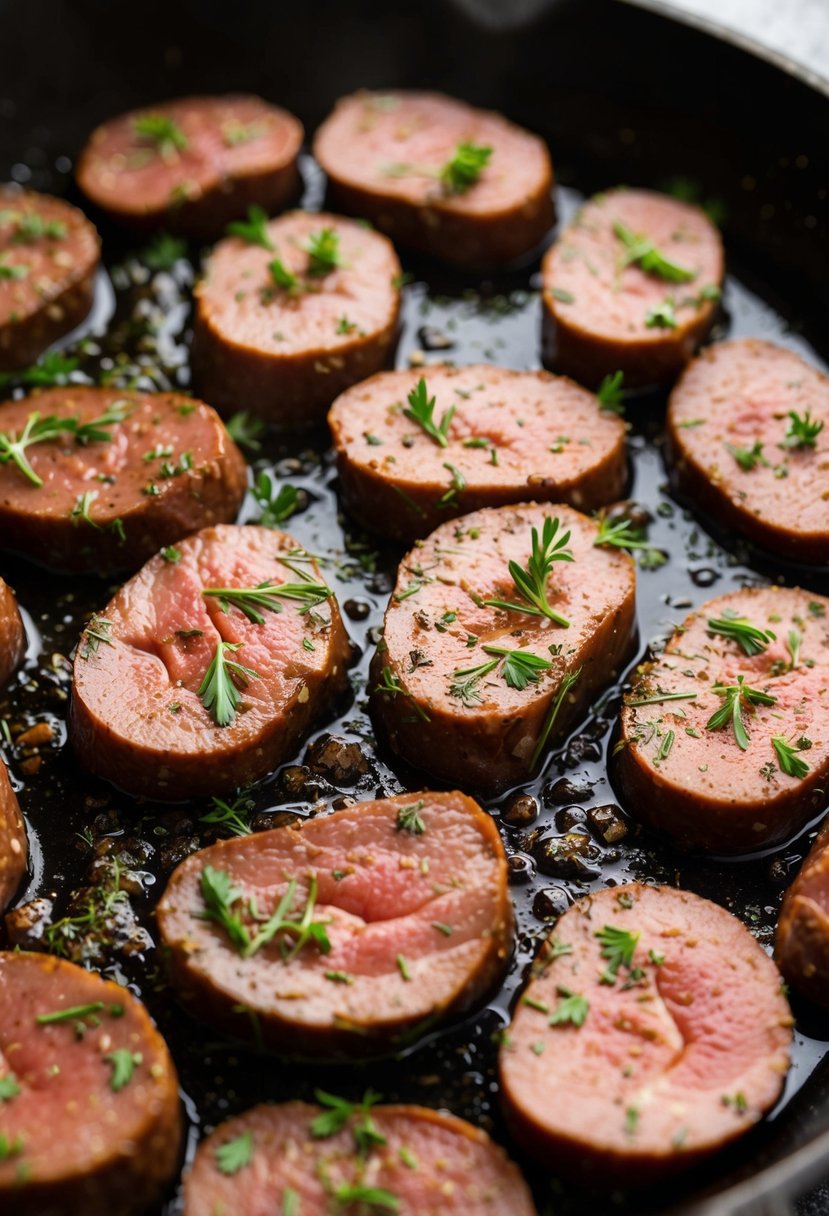 Slices of beef liver seasoned with herbs sizzling in a hot skillet