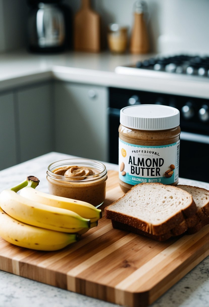 A wooden cutting board with sliced bananas, a jar of almond butter, and whole grain bread on a kitchen counter