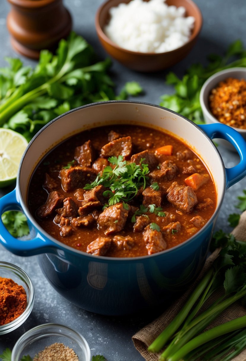 A pot of simmering beef liver chili surrounded by fresh ingredients and spices