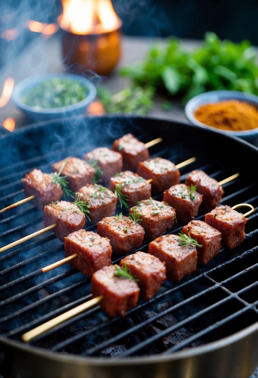 Beef liver skewers sizzling on a smoky grill, surrounded by aromatic herbs and spices