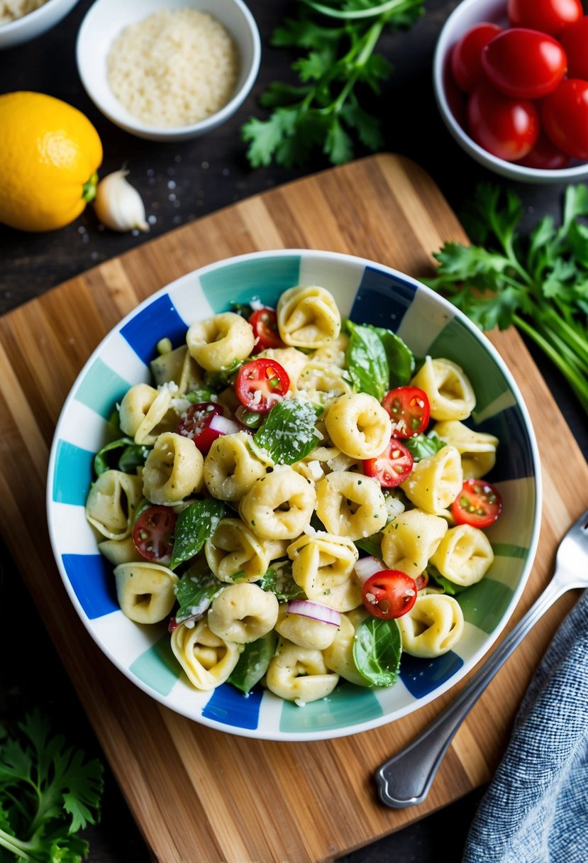 A colorful bowl of Caesar tortellini salad surrounded by fresh ingredients on a wooden cutting board