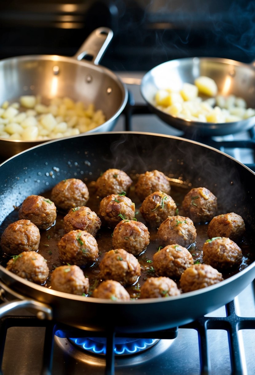 A sizzling skillet of beef liver meatballs being cooked over a hot stove. Onions and garlic sizzling in the background