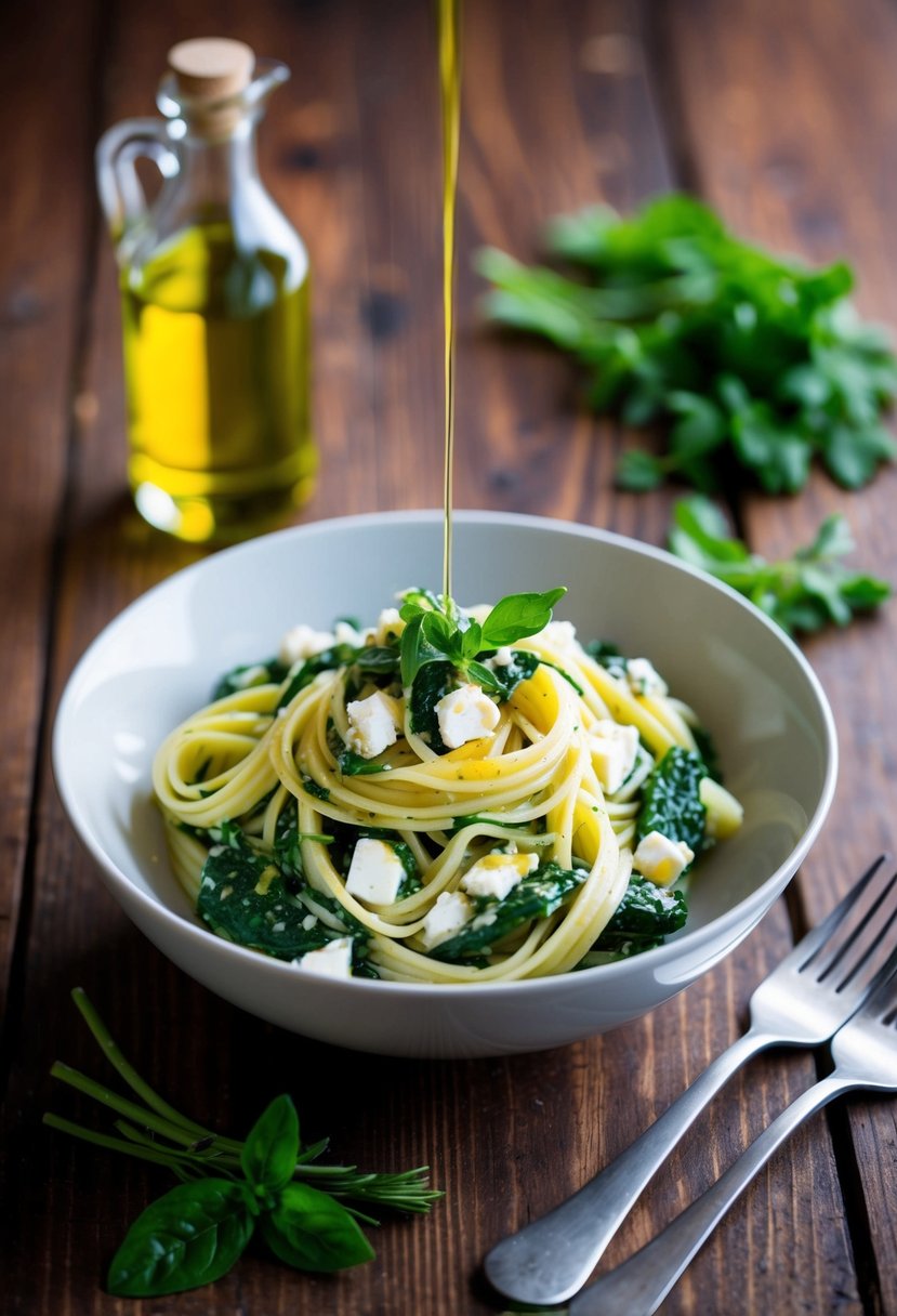 A bowl of cold spinach feta pasta sits on a wooden table, garnished with fresh herbs and drizzled with olive oil