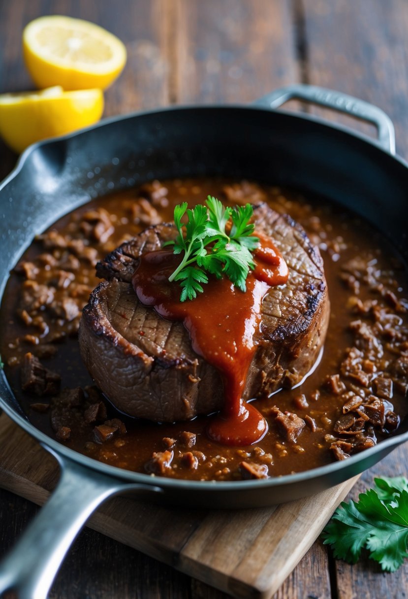 A sizzling beef liver steak topped with rich red wine sauce in a hot skillet