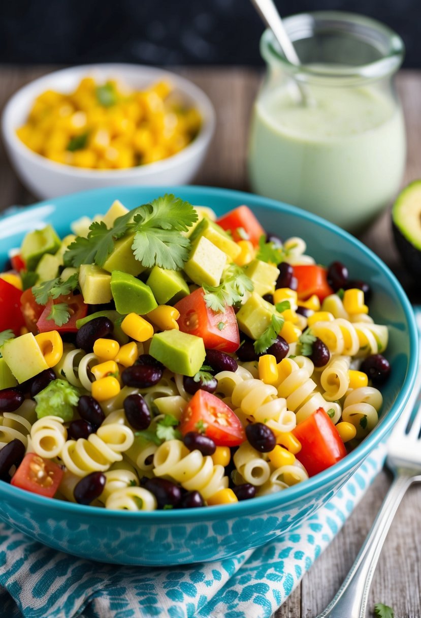 A colorful bowl of cold Southwest Pasta Salad with diced tomatoes, black beans, corn, and avocado, topped with a zesty cilantro-lime dressing