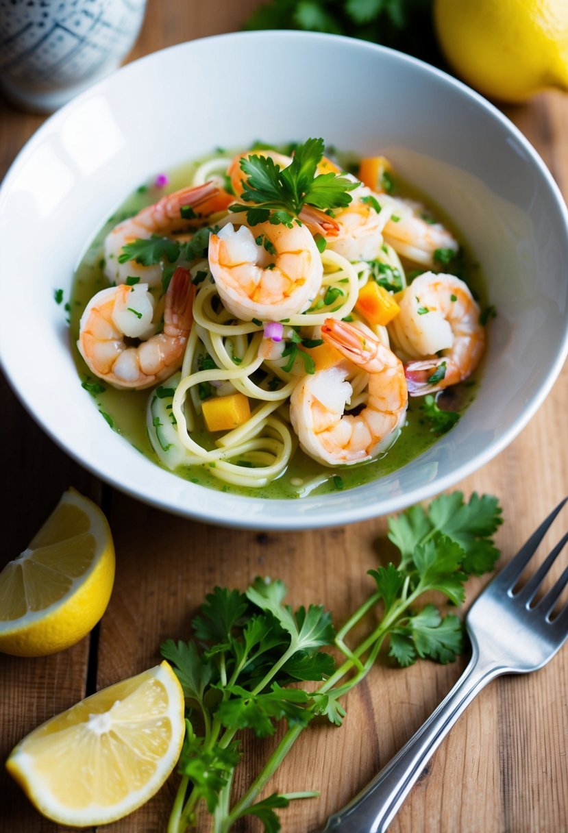 A bowl of shrimp ceviche pasta with colorful vegetables and herbs, served on a wooden table with a fork and lemon wedges