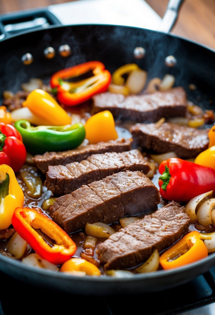 Sizzling beef liver strips with colorful bell peppers and onions cooking in a hot skillet