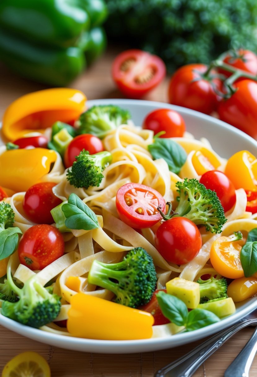 A colorful array of fresh vegetables, such as bell peppers, cherry tomatoes, and broccoli, tossed with cold pasta in a light, creamy sauce