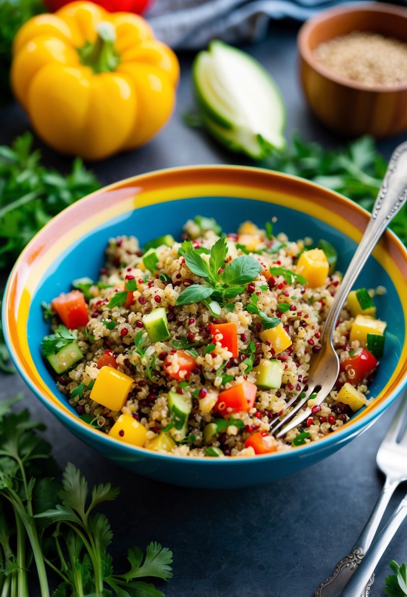 A colorful bowl of Mediterranean quinoa salad surrounded by fresh vegetables and herbs, with a fork resting on the side