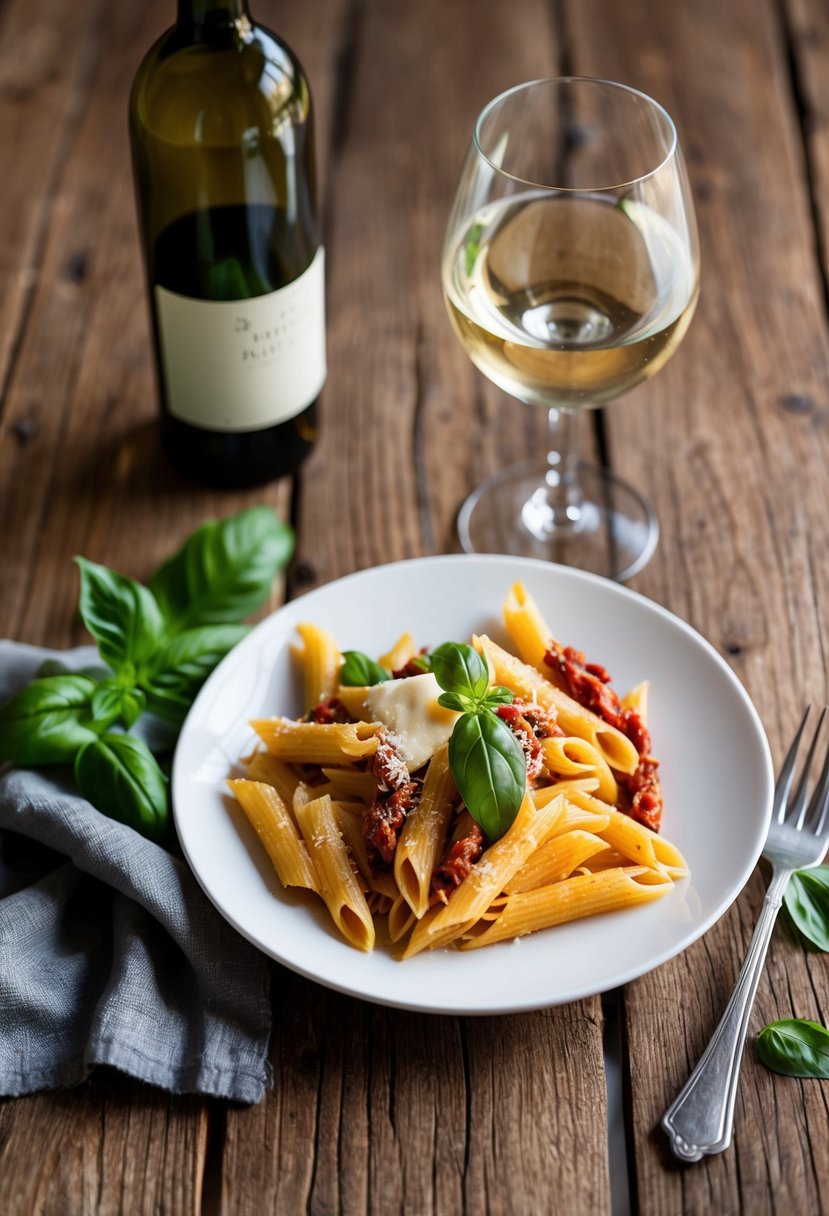 A rustic wooden table with a white plate of sun-dried tomato penne pasta, garnished with fresh basil and parmesan cheese, next to a glass of chilled white wine