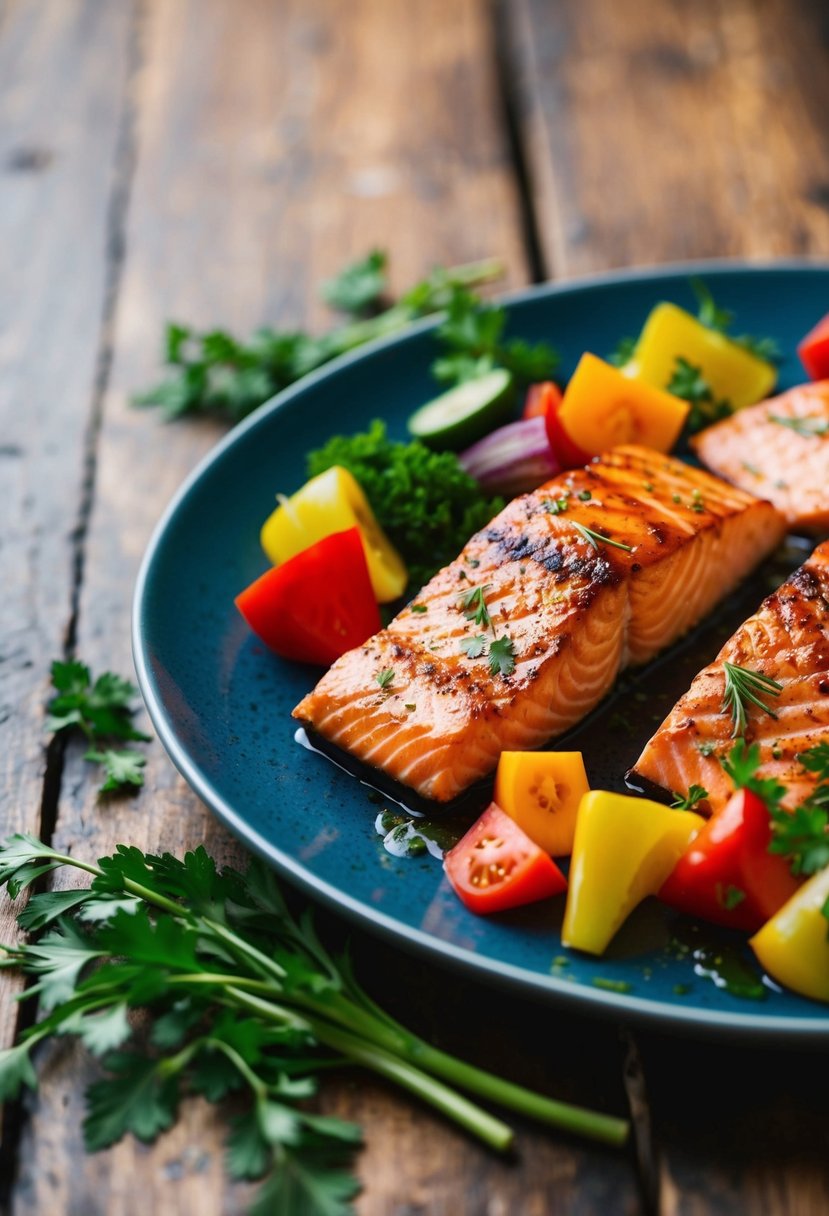 A platter of grilled salmon surrounded by colorful vegetables and herbs