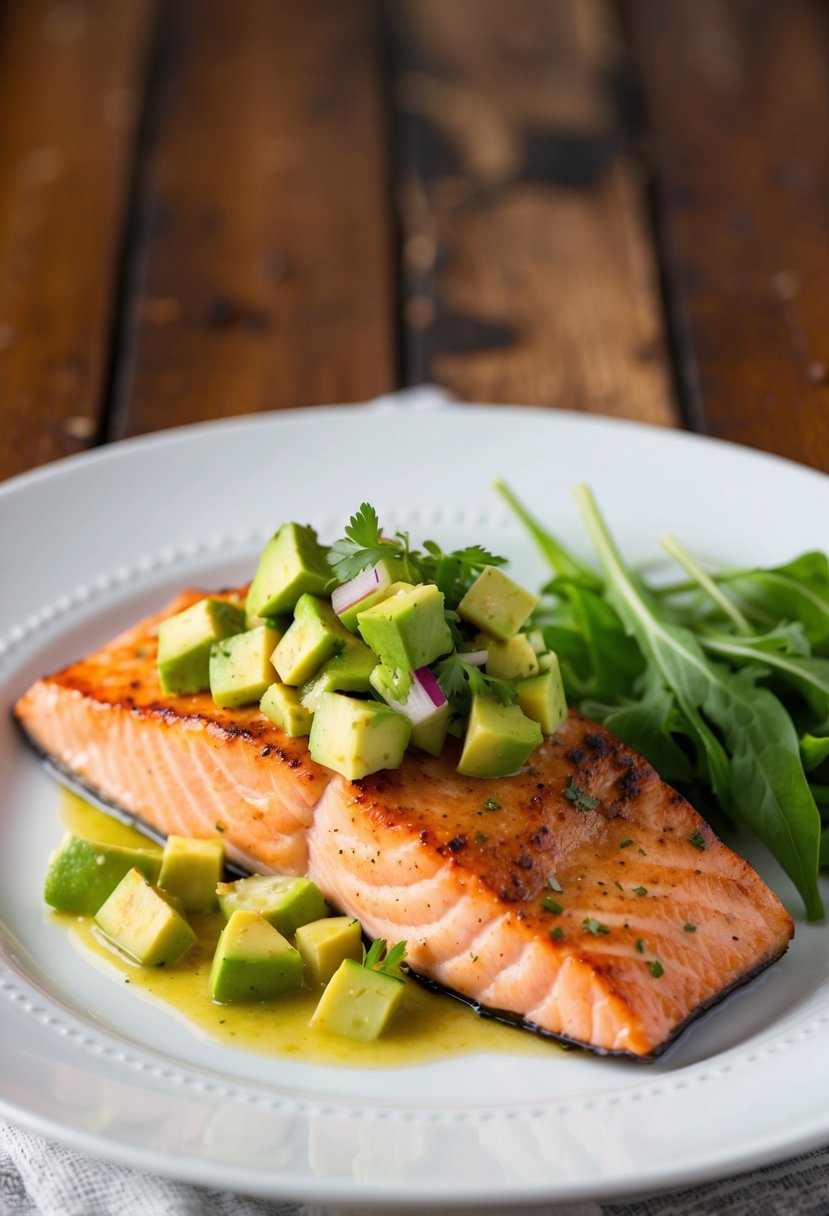 A sizzling grilled salmon fillet topped with vibrant avocado salsa, served on a white plate with a side of fresh greens