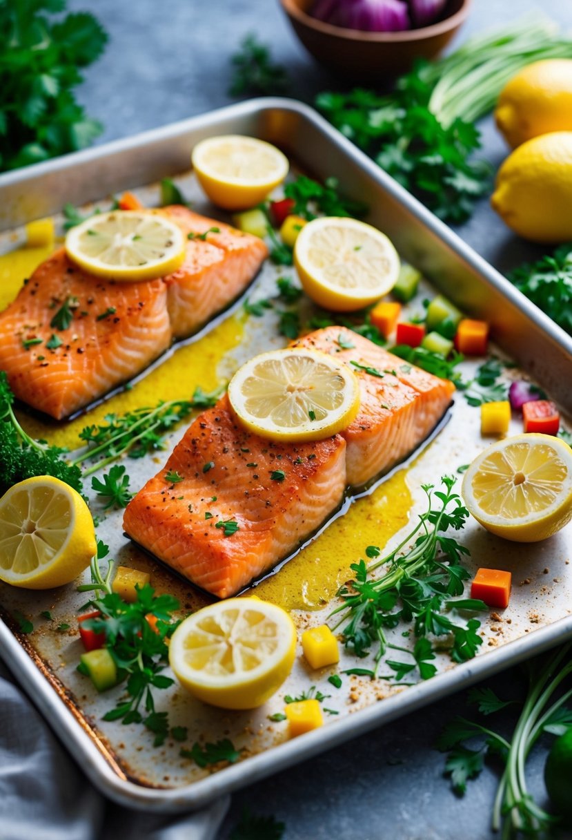 A vibrant lemon garlic salmon fillet sizzling on a baking sheet surrounded by fresh herbs and colorful vegetables