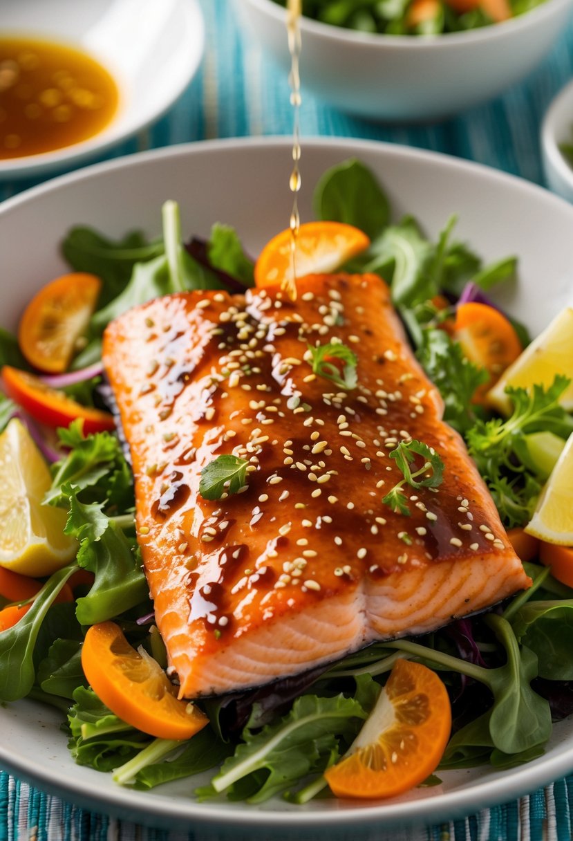 A piece of teriyaki glazed salmon on a bed of mixed greens, surrounded by colorful vegetables and drizzled with a light vinaigrette