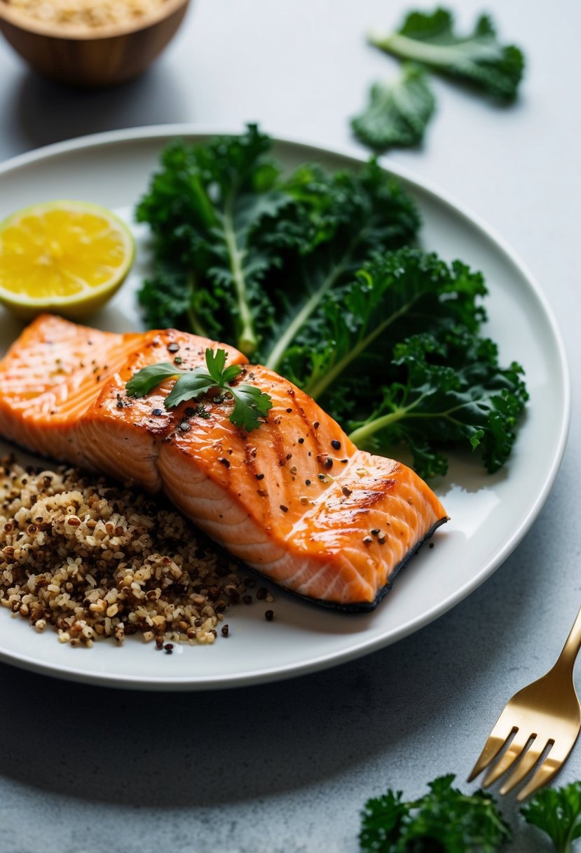 A plate with grilled salmon, quinoa, and kale arranged in an appetizing and healthy manner