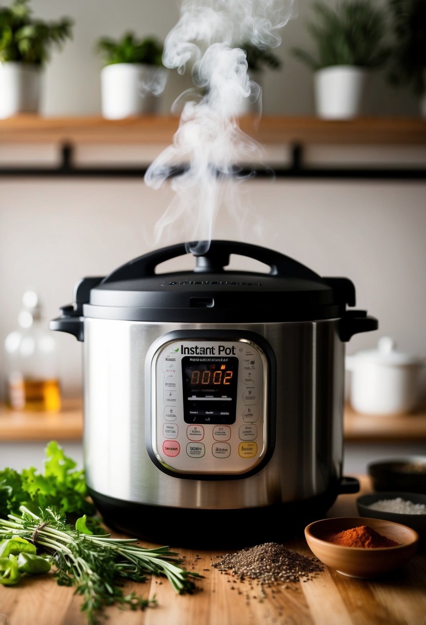 A steaming instant pot surrounded by fresh herbs and spices