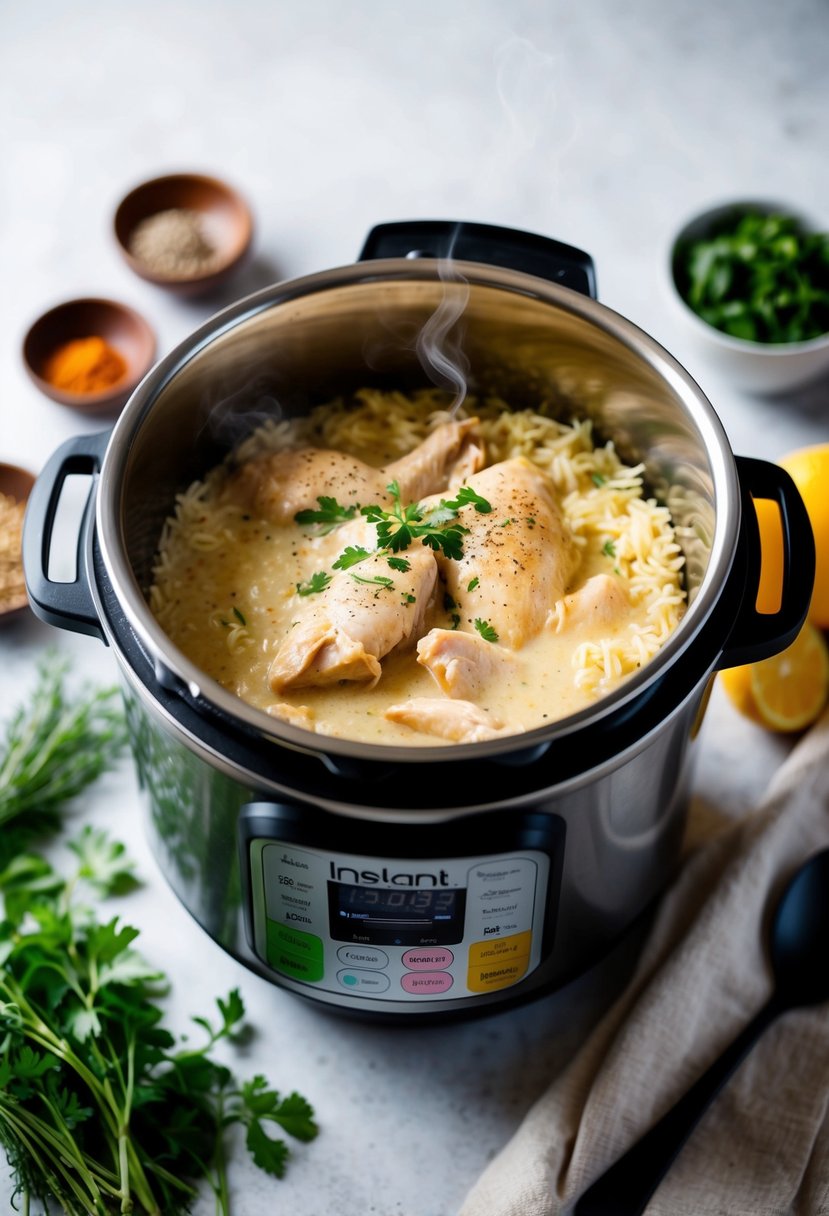 A steaming Instant Pot filled with creamy chicken and rice, surrounded by fresh herbs and spices