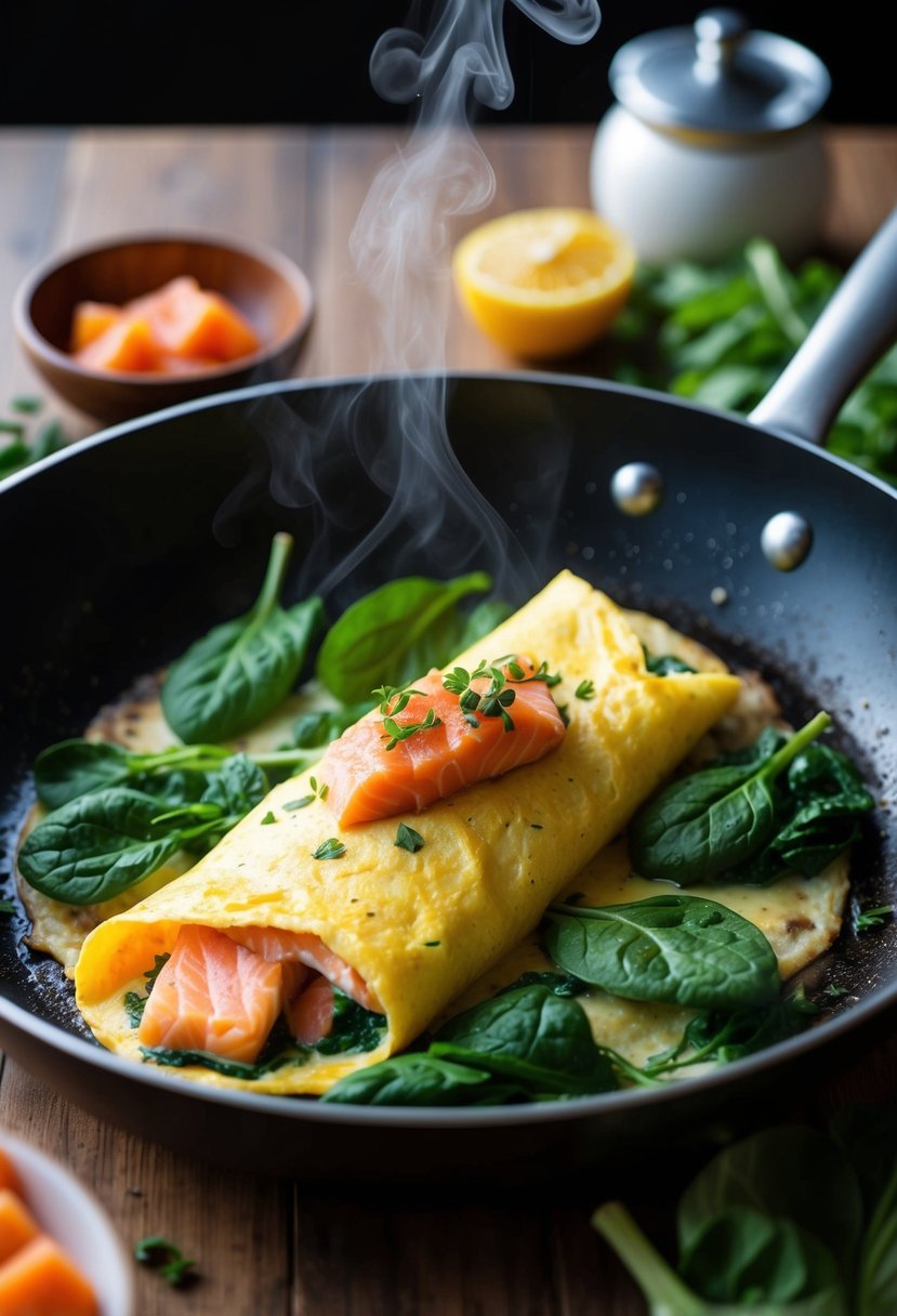 A sizzling omelette with flaky salmon and vibrant spinach, surrounded by fresh ingredients and a hint of steam rising from the pan